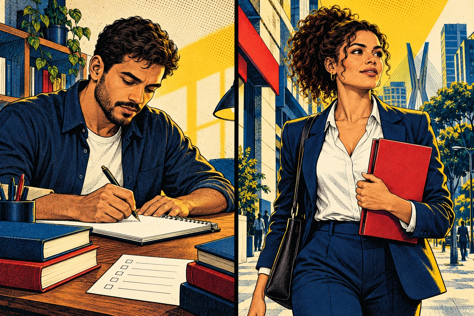 Cena ilustrada de estudo com livros e anotações.